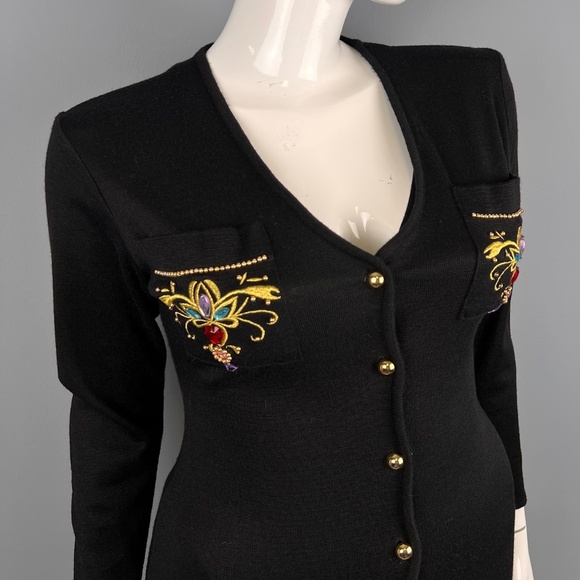 1980s Black Knit Button Up Dress with Jewel Detailing, Size L - Picture 4 of 8